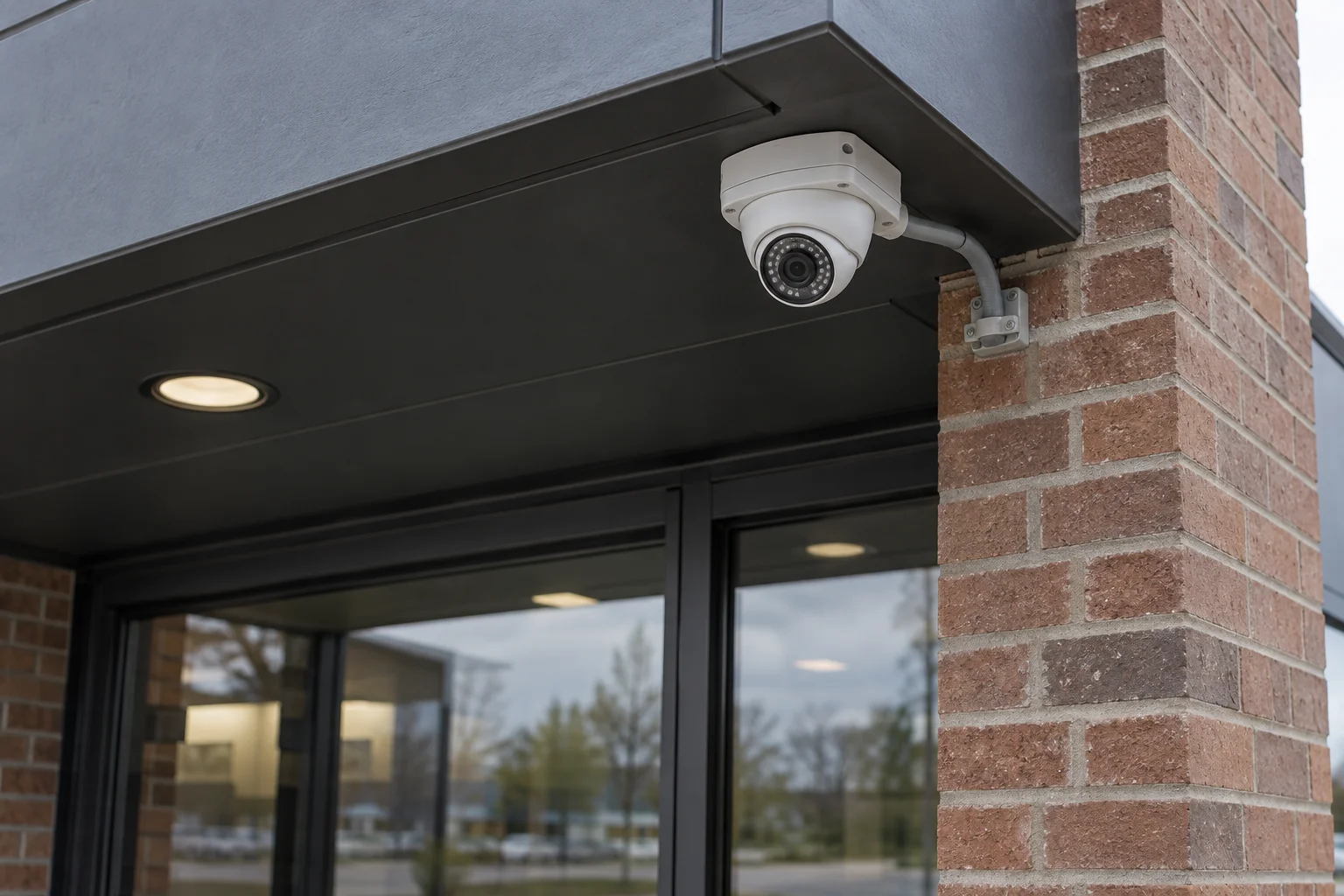 A turret camera correctly mounted beneath a commercial entrance canopy