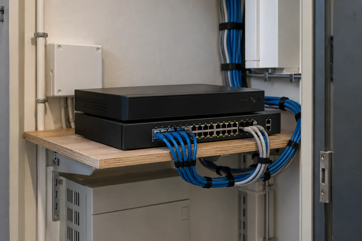 A compact surveillance recorder and network switch on a utility shelf
